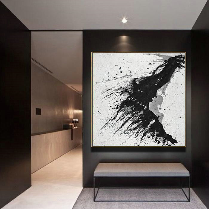 Large Contemporary Art Acrylic Painting,Minimalist Drip Painting On Canvas, Black, White, Grey - Original Modern Art,Large Wall Art Handmade